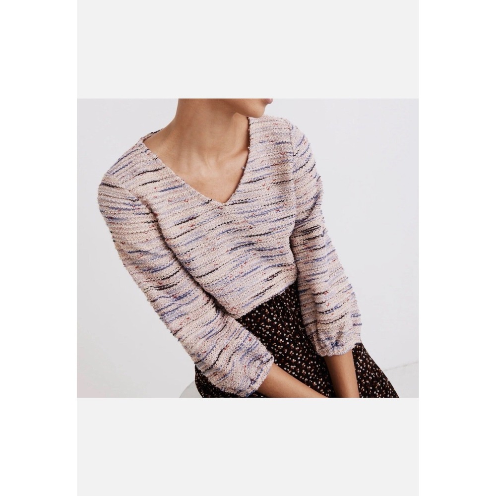 Madewell Daikon Jacquard Knit Dyed V-Neck Sweater Top Blue Red Textured Knit XS